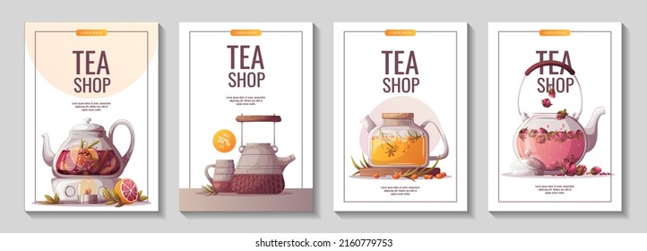 Set of flyers with teapots. Tea shop, cafe-bar, tea party, beverages concept. A4 Vector illustration for poster, banner, flyer, menu, advertising. 