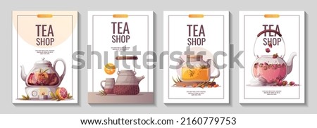 Set of flyers with teapots. Tea shop, cafe-bar, tea party, beverages concept. A4 Vector illustration for poster, banner, flyer, menu, advertising. 