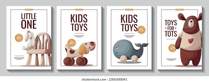 Set of flyers with teddy bear, plush bunny, wooden whale and dog. Children's toys, kid's shop, playing, childhood concept. A4 Vector Illustration for poster, banner, flyer, advertising.