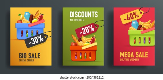 Set of flyers template for grocery store loyalty program with full basket of food and drinks from supermarket