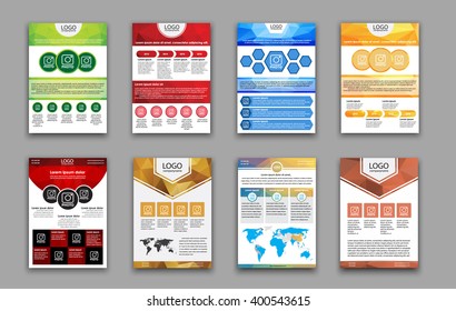 Set flyers templates (brochures) for advertising, print reports, or polygonal with colored backgrounds and information elements. Vector illustration.