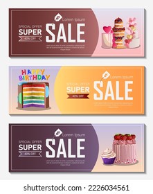 Set of flyers templates. Vector illustration of three Birthday banners with various cakes isolated on white. Happy Birthday, sale banner, Bakery, poster, card concept.