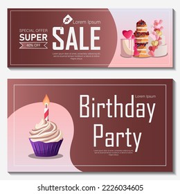 Set of flyers templates. Vector illustration of two Birthday banners with various cakes isolated on white. Happy Birthday, sale banner, Bakery, poster, card concept.