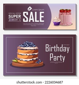 Conjunto de plantillas de volantes. Ilustración vectorial de dos carteles de cumpleaños con varios pasteles aislados en blanco. Feliz cumpleaños, banner de venta, panadería, afiche, concepto de tarjeta.