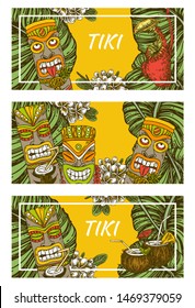 Set of flyers for tiki party. Wooden idols, tropical flowers and leaves, cocktail. Color. Engraving style. Vector illustration.