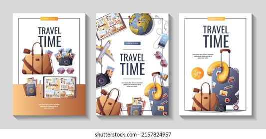 Set Of Flyers For Travel, Tourism, Adventure, Journey. Suitcase, Airplane And Globe, Camera, Travel Bag, Travel Journal. A4 Vector Illustration, Flyer, Cover, Banner Template.