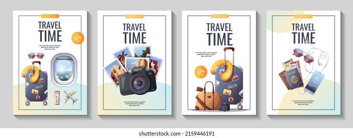 Set of flyers for travel, tourism, adventure, journey. Suitcase, airplane, camera, travel bag,  passport and tickets. A4 vector illustration, flyer, cover, banner template.