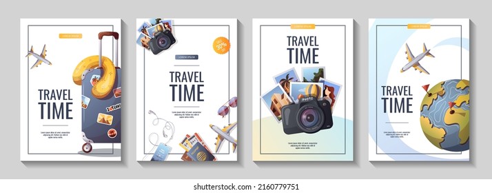 Set of flyers for travel, tourism, adventure, journey. Suitcase, airplane and globe, camera, passport and tickets. A4 vector illustration, flyer, cover, banner template.