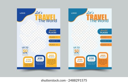 Set of flyers for travel, tourism, adventure, journey. Suitcase, airplane and globe, camera, travel bag, travel journal, passport and tickets. A4 vector illustration, flyer, cover, banner template.