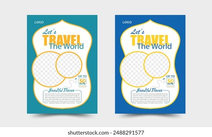 Set of flyers for travel, tourism, adventure, journey. Suitcase, airplane and globe, camera, travel bag, travel journal, passport and tickets. A4 vector illustration, flyer, cover, banner template.