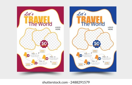 Set of flyers for travel, tourism, adventure, journey. Suitcase, airplane and globe, camera, travel bag, travel journal, passport and tickets. A4 vector illustration, flyer, cover, banner template.