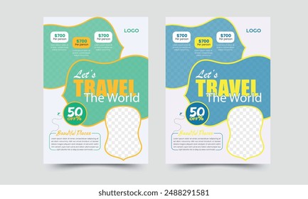 Set of flyers for travel, tourism, adventure, journey. Suitcase, airplane and globe, camera, travel bag, travel journal, passport and tickets. A4 vector illustration, flyer, cover, banner template.