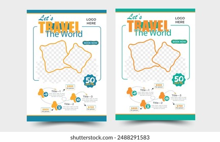 Set of flyers for travel, tourism, adventure, journey. Suitcase, airplane and globe, camera, travel bag, travel journal, passport and tickets. A4 vector illustration, flyer, cover, banner template.