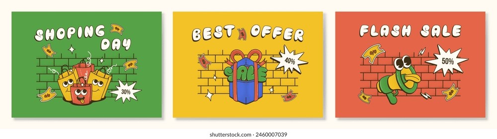 Set flyers with trendy Groovy sale promo characters of shop bags, gift box, speaker with lettering Shopping Day, Best Offer, Flash Sale. Vector design banner in comic style with dot Halftone texture