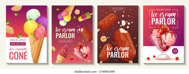 Set Of Flyers With Various Ice Cream. Ice Cream Parlor Or Shop, Sweet Products, Dessert Concept. A4 Vector Illustrations For Poster, Banner, Advertisement, Commercial, Menu, Flyer. 