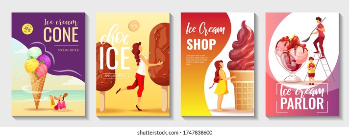 Set of flyers with various ice cream and tiny people. Ice cream parlor or shop, Sweet products, Dessert concept. A4 vector illustrations for poster, banner, advertisement, commercial, menu, flyer. 