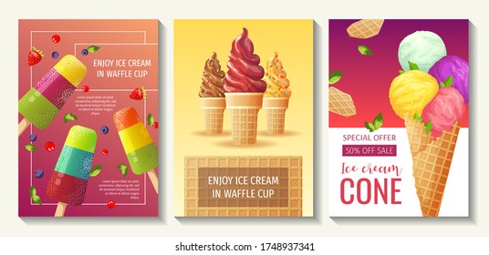 Set of flyers with various ice cream. Ice cream parlor or shop, Sweet products, Dessert concept. A4 vector illustrations for poster, banner, advertisement, commercial, menu, flyer, cover. 