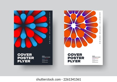 A set of flyers, vector white, black posters with a bright dynamic element with a round shape. Cover template with modern design in blue, red, orange, Brochure EPS10, for annual report, booklets