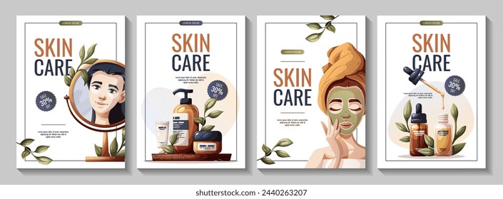 Set of flyers with woman, cosmetics, beauty products. Beauty, skin care, cosmetic, spa, shower concept. Vector illustration for banner, card, advertising.