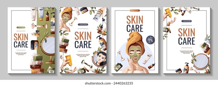 Set of flyers with woman, cosmetics, beauty products. Beauty, skin care, cosmetic, spa, shower concept. Vector illustration for banner, promo, poster.