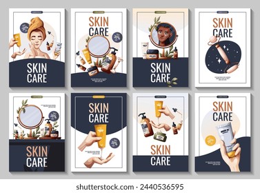 Set of flyers with woman, cosmetics, beauty products. Beauty, skin care, cosmetic, spa, shower concept. Vector illustration for banner, promo, poster.