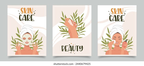 Set of flyers with woman, cosmetics, beauty products. Beauty, skin care, cosmetics, shower concept. Illustration for banner, card, advertising, poster. Vector