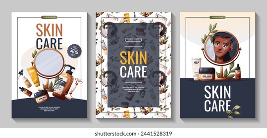 Set of flyers with woman, cosmetics, beauty products. Beauty, skin care, cosmetic, spa, shower concept. Vector illustration for banner, promo, poster.