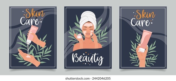 Set of flyers with woman, cosmetics, beauty products. Beauty, skin care, cosmetics, shower concept. Illustration for banner, card, advertising, poster. Vector