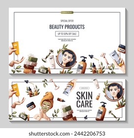 Set of flyers with woman, cosmetics, beauty products. Beauty, skin care, cosmetic, spa, shower concept. Vector illustration for banner, promo, poster.