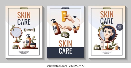 Set of flyers with woman in mirror reflection, hands with creams, cosmetics, beauty products. Beauty, skin care, cosmetic, spa, shower concept. Vector illustration for banner, promo, poster.