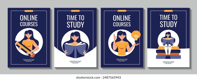 Set of flyers with Women with huge pencil, book, bulb icon. Flat style vector illustration for education, knowledge, studying, reading, creating concept.