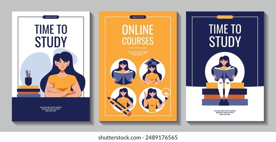 Conjunto de volantes con las mujeres con lápiz enorme, libro, icono de bulbo, gorra de graduación. Ilustración vectorial de estilo plano para la educación, el conocimiento, el estudio, la lectura, el estudiante, la creación de concepto.