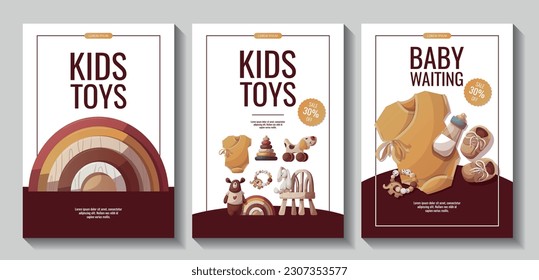 Juego de volantes con juguetes de empuje de madera, arco iris, oso de peluche, conejito de lujo, traje de bebé. Juguetes para niños, tienda para niños, concepto de ducha para bebés. Ilustraciones vectoriales para afiches, banner, venta.