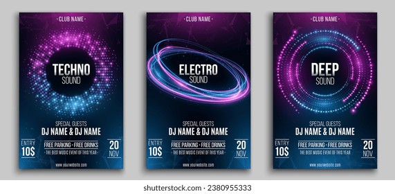 Set of flyers for your club party. Abstract design for your musical event. Digital circles of flickering particles with light effect of neon swirling lines. Vector illustration. EPS 10.