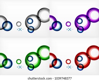 Conjunto de planos de círculos abstractos voladores, fondos geométricos vectoriales, burbujas de aire en color, plantillas de banner web, fondos o elementos de presentación de negocios o tecnología, ilustración vectorial