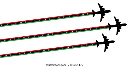 Conjunto de avión volador con el ícono de la bandera de Libia. celebración del día del espectáculo aéreo Plantilla Ilustración Diseño