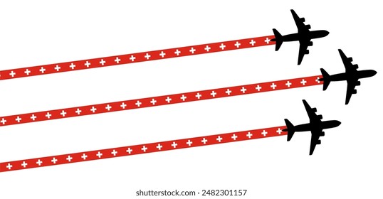 Conjunto de avión volador con el icono de la bandera de Suiza. Símbolo del día de la celebración del espectáculo aéreo Plantilla Ilustración Diseño