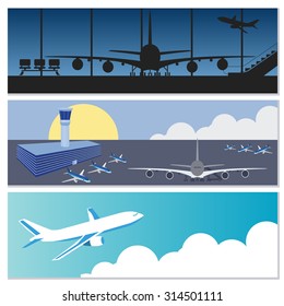 Set of flying airplanes banners for your text. Vector illustration