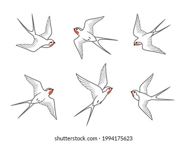 Set of flying barn swallows birds isolated on white background. Vector line drawing design elements.