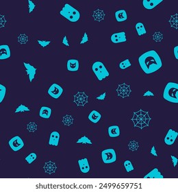 Set Flying bat, Black cat, Ghost and Spider web on seamless pattern. Vector