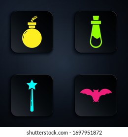 Set Flying bat , Bomb ready to explode , Magic wand  and Bottle with potion . Black square button. Vector