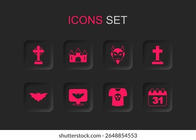 Set Flying bat, Castle, Tombstone with cross, Shirt skull, Halloween date 31 october, Devil head and  icon. Vector
