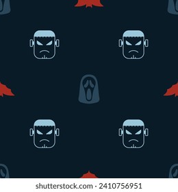 Set Flying bat, Funny and scary ghost mask and Frankenstein face on seamless pattern. Vector