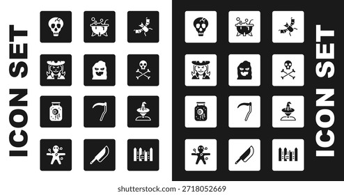 Conjunto Murciélago volador, máscara fantasma divertida y aterradora, bruja, calavera, en huesos cruzados, caldero de bruja de Halloween e icono de frasco de ojo. Vector