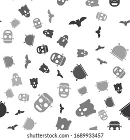 Set Flying bat , Ghost , Halloween witch cauldron  and Zombie mask  on seamless pattern. Vector
