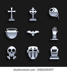 Set Flying bat, Hockey mask, Tombstone with RIP, Zombie hand, Skull crossbones, Halloween witch cauldron, Eye and  icon. Vector