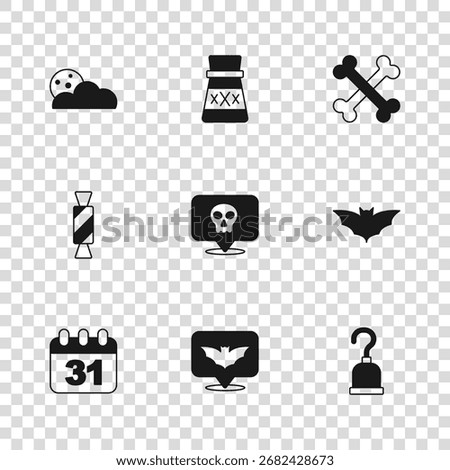 Set Flying bat, Pirate hook, Skull, Crossed bones, Moon and stars, Bottle with potion and Candy icon. Vector