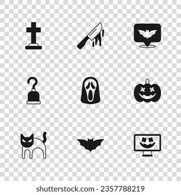 Set Fliegende Fledermaus, Kürbis, Frohe Halloween Urlaub, Funny und gruselige Geistermaske, Tombstone mit Kreuz, Bloody-Messer und Pirate Hakensymbol. Vektorgrafik