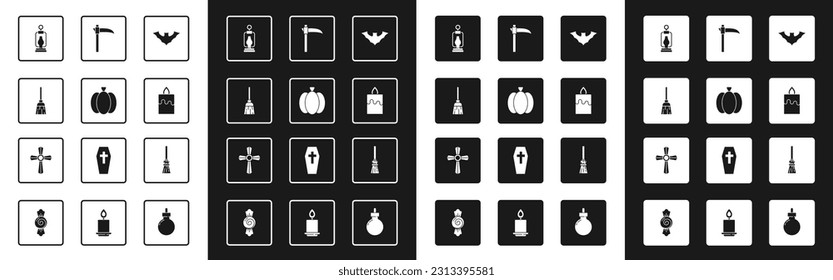 Set Flying bat, Pumpkin, Witches broom, Camping lantern, Burning candle, Scythe,  and Tombstone with cross icon. Vector
