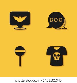 Set Flying bat, Shirt with skull, Lollipop and Boo speech bubble icon with long shadow. Vector